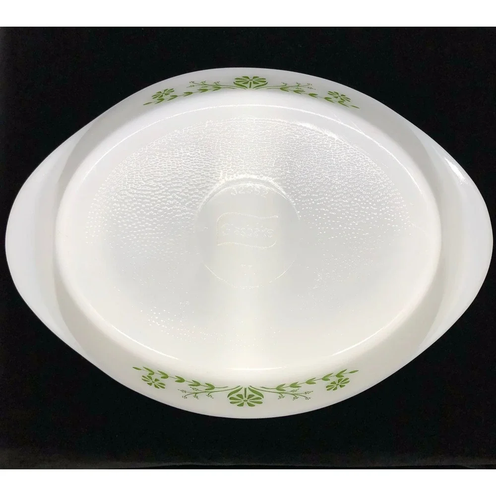 Glasbake J2352 Milk Glass Divided Serving Dish Green Floral Vine Oval Vintage